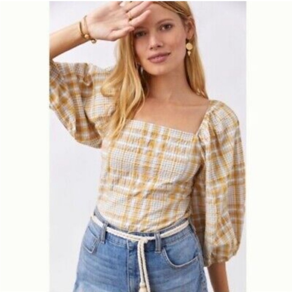 Maeve by Anthropology Plaid Puff Sleeve Top - Yellow and White